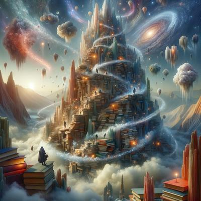 The primary subject of the image is a large tower made of books, with a spiral staircase leading to the top. The tower is surrounded by a cloudy sky, and there are numerous books scattered throughout the scene. The visual style of the image is digital art, with a vibrant and imaginative atmosphere. The colors and mood of the image are predominantly blue and white, giving the scene a sense of wonder and creativity.